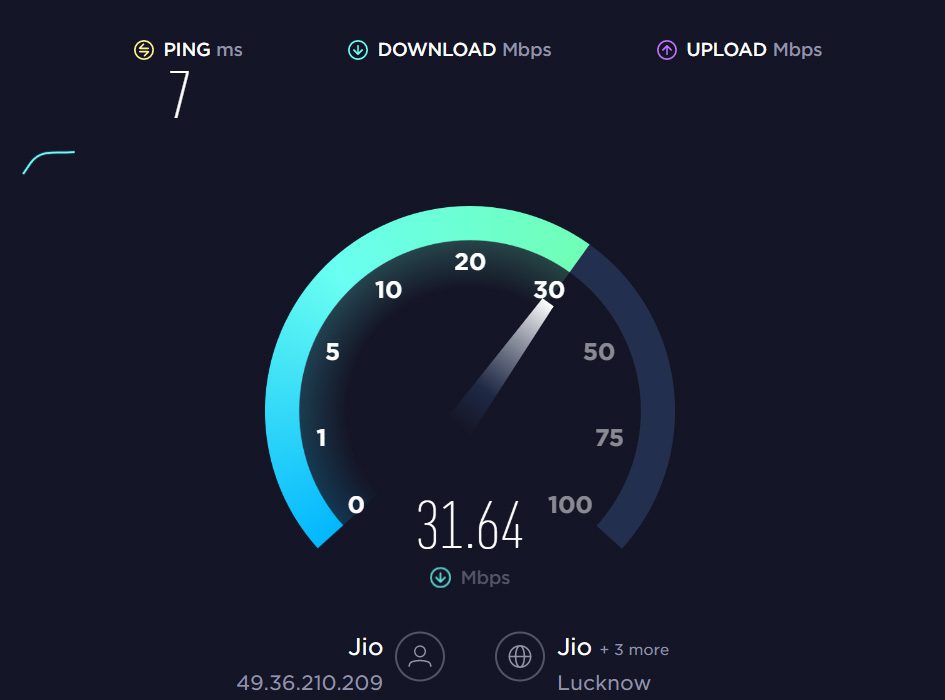 Imagem mostrando um medidor de internet no site Speedtest