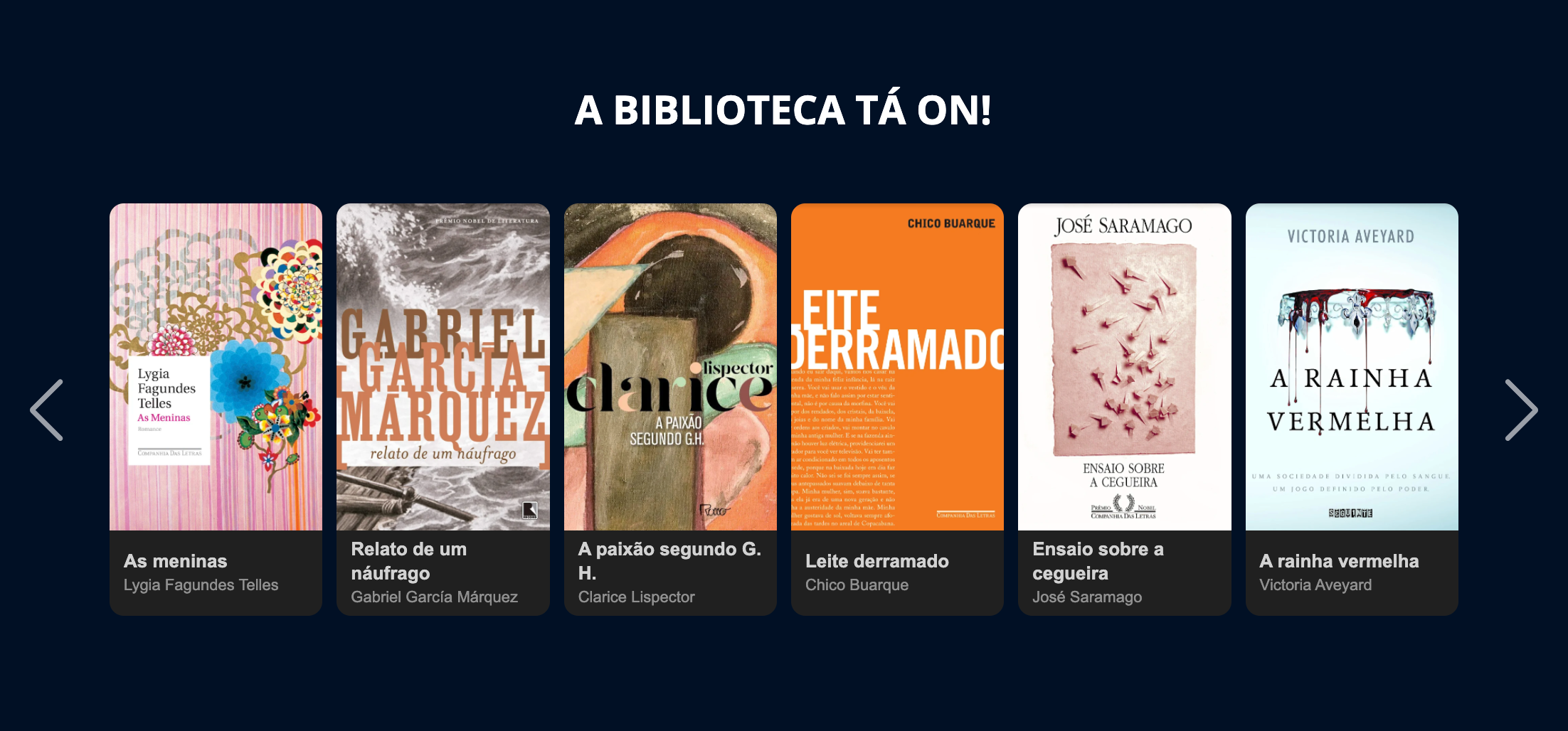 Site da Biblion mostrando um carrossel de livros