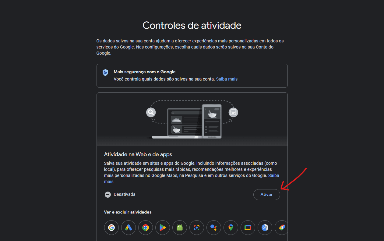 Clique em Ativar - Minhas atividades Google como ativar e consultar histórico