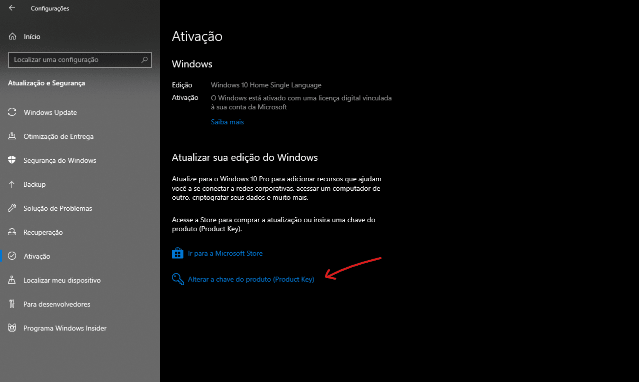 Clique sobre a opção Chave do produto - Como ativar o Windows