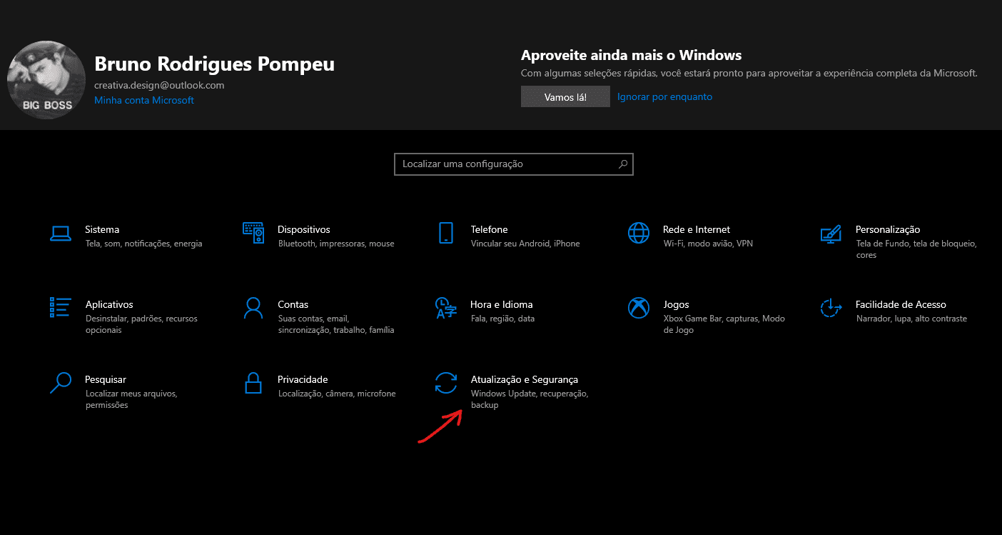 Clique sobre a opção de Atualização - Como ativar o Windows