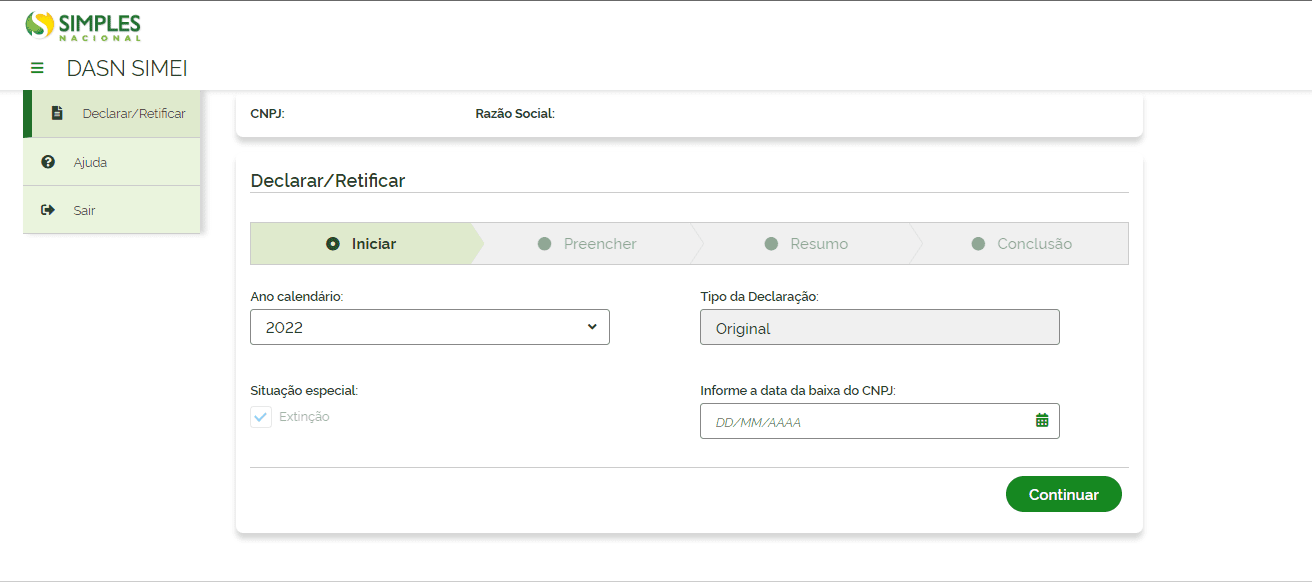 Entre com as informações e clique em Continuar - Como fazer declaração anual do MEI
