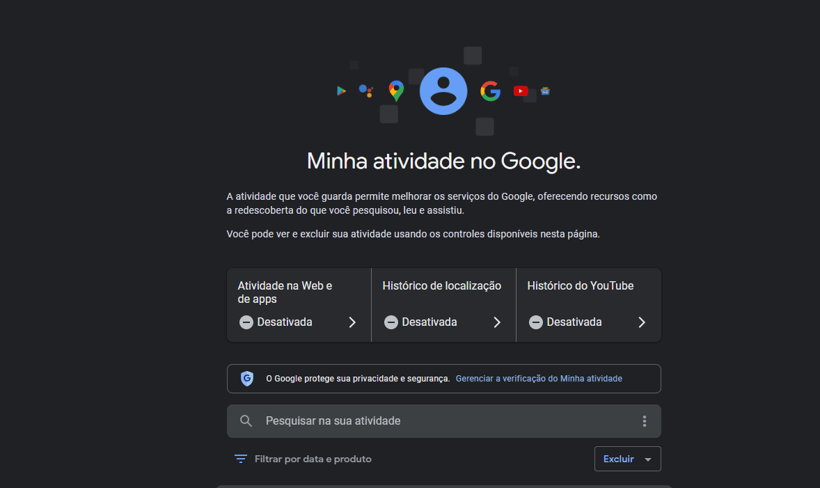 Página inicial - Minhas atividades Google como ativar e consultar histórico