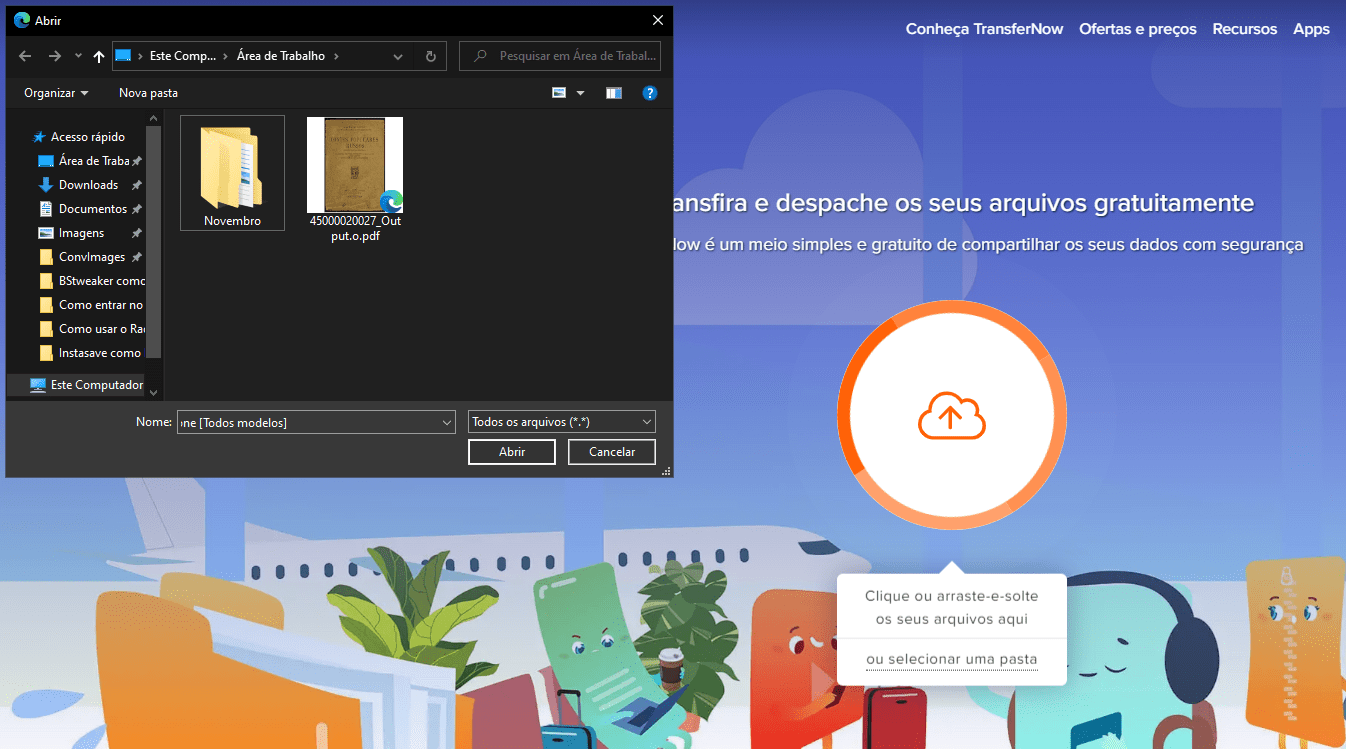Selecione o arquivo - Como usar o Transfernow para transferir arquivos