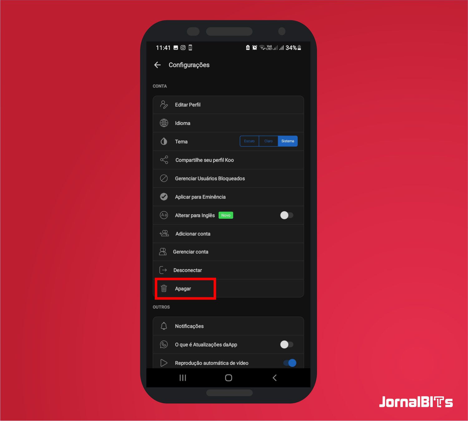 Toque em apagar nas configurações - Como excluir conta do Koo App