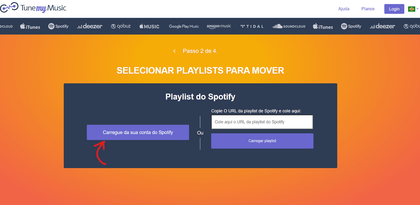 Clique em Carregue da sua conta do Spotify - Como migrar Playlists do Spotify para o YouTube Music