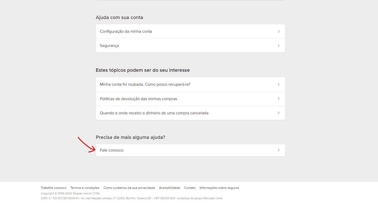 Clique em Fale conosco- Como entrar em contato com Mercado Livre