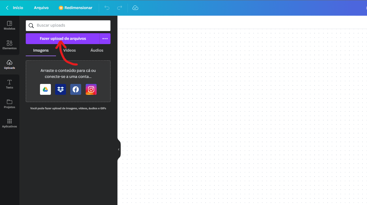 Clique em Fazer upload de arquivos - Como tirar fundo de imagem no Canva