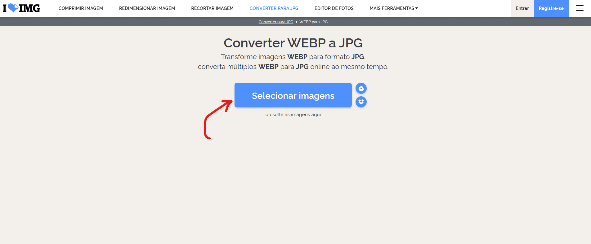 Clique em selecionar arquivos - Como converter webp em JPG online e gratuitamente