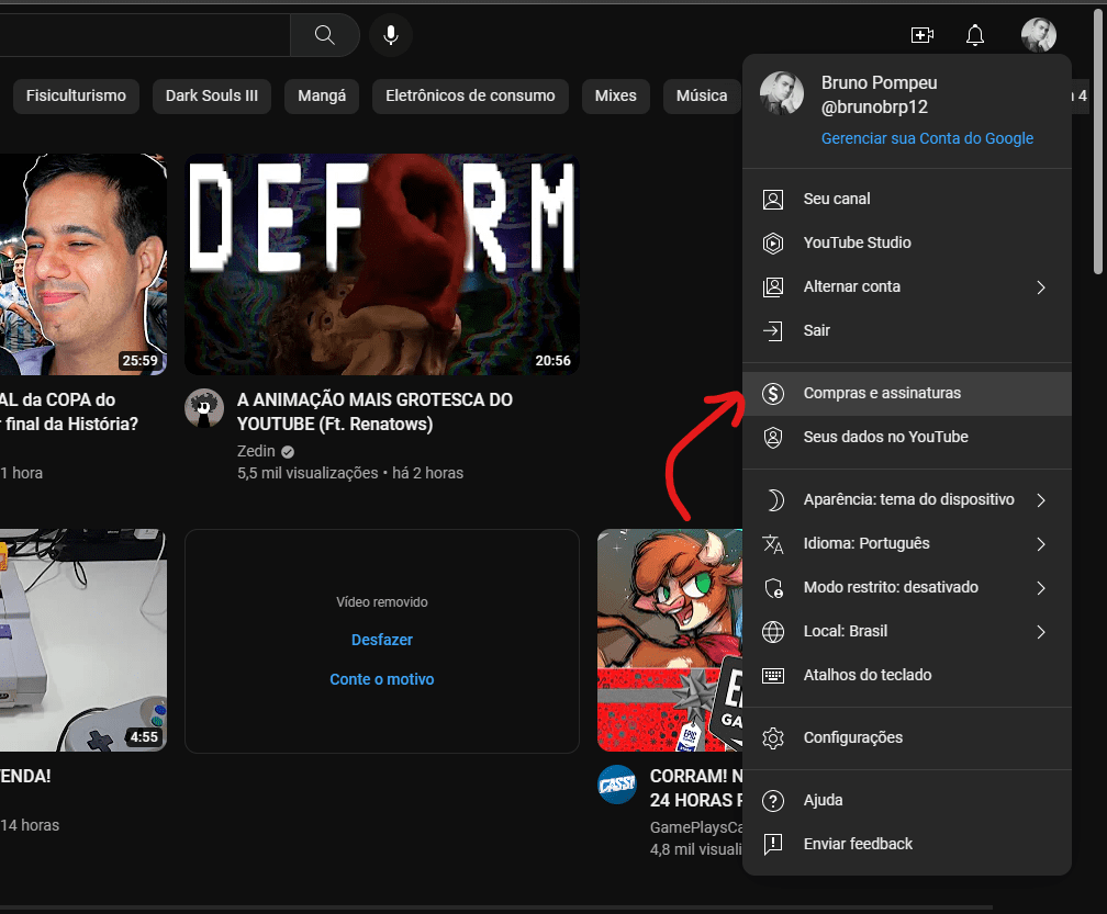 Clique sobre a opção de Compras - Como cancelar assinatura do YouTube Music