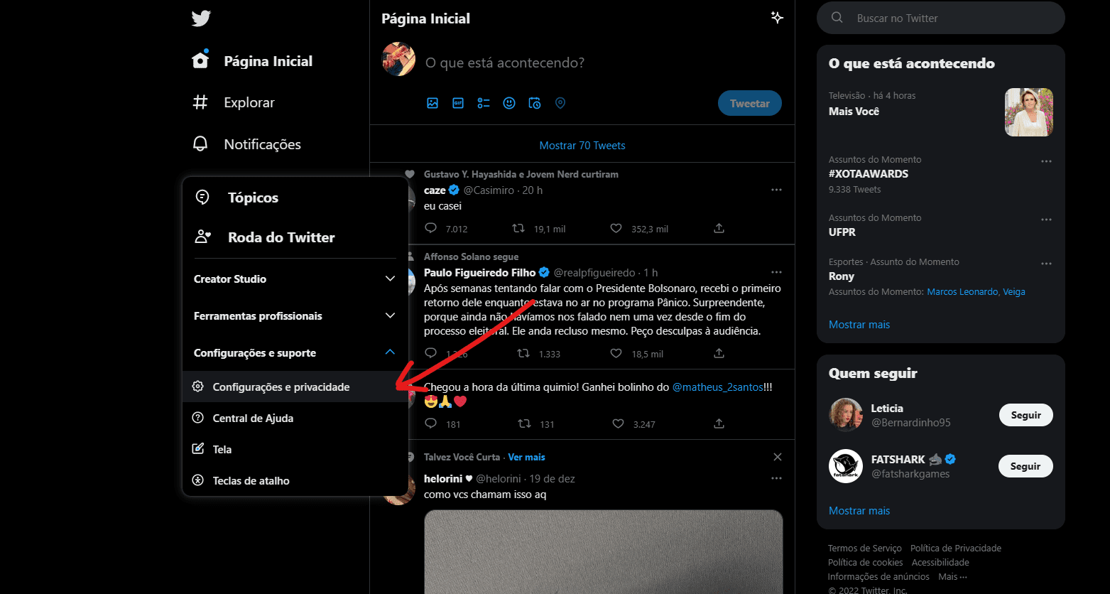 Clique sobre a opção de Configurações e privacidade - Como excluir conta do Twitter