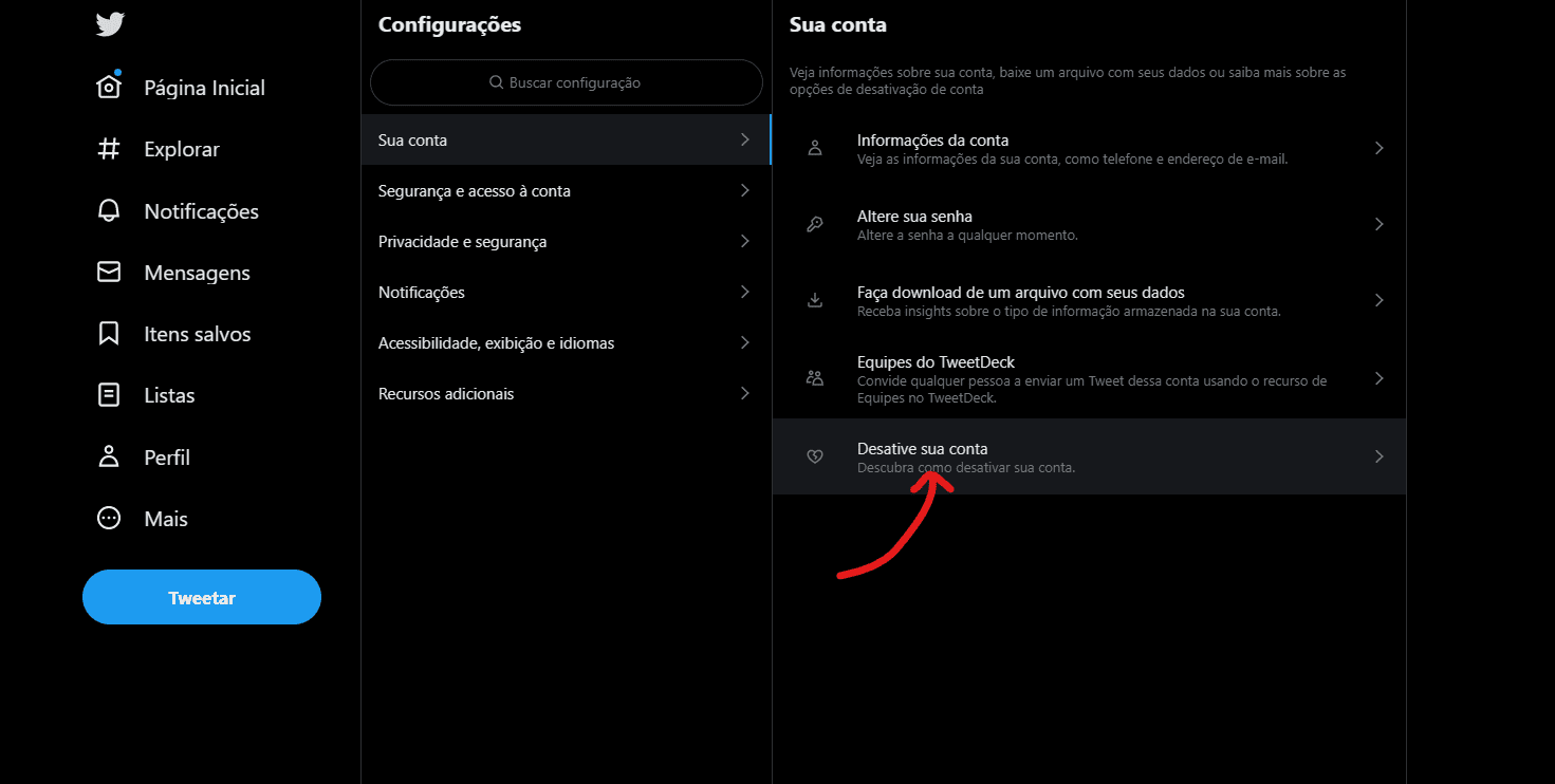 Desative sua conta - Como excluir conta do Twitter