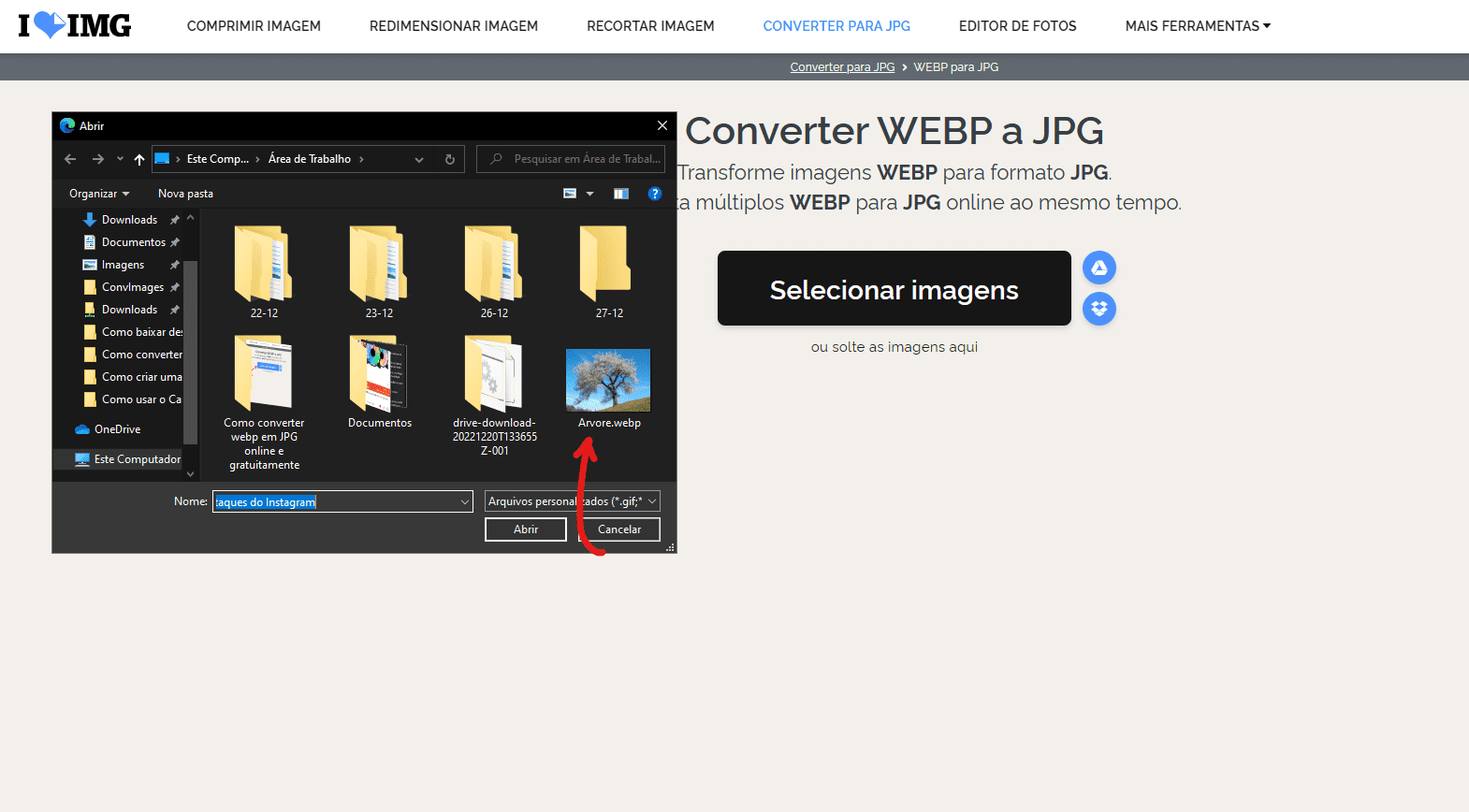 Selecione o arquivo em formato webp- Como converter webp em JPG online e gratuitamente