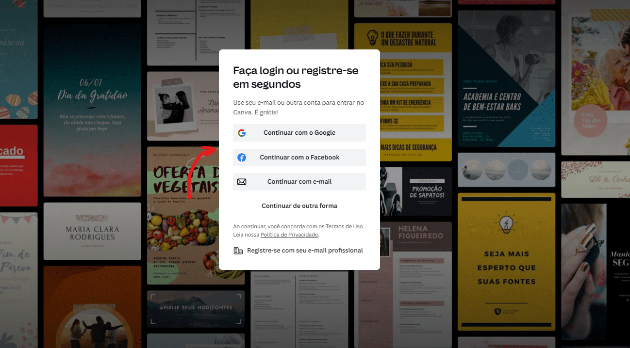 Selecione uma das opções para logar - Como tirar fundo de imagem no Canva