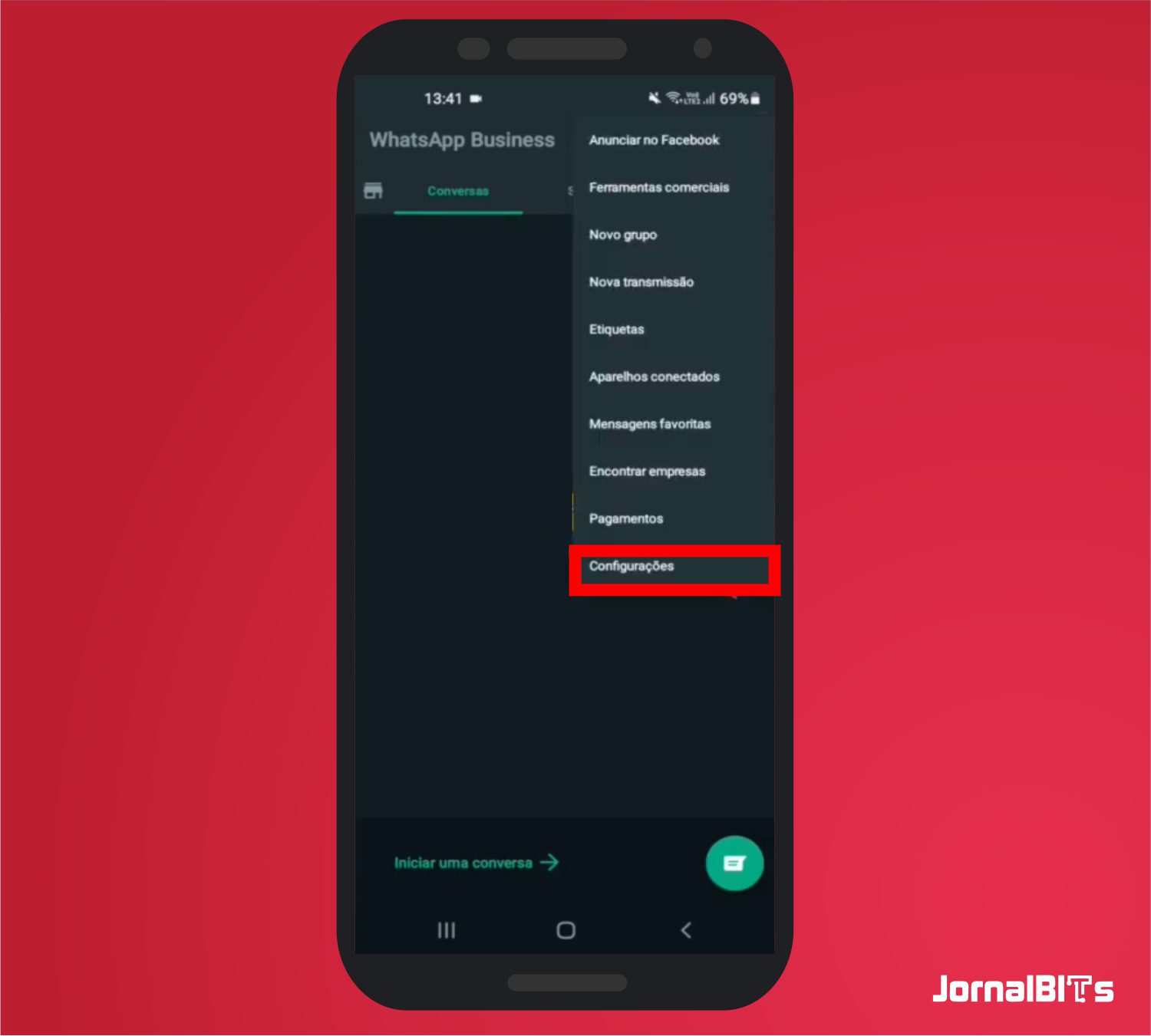 Toque em Configurações - Como colocar capa no WhatsApp Bussiness