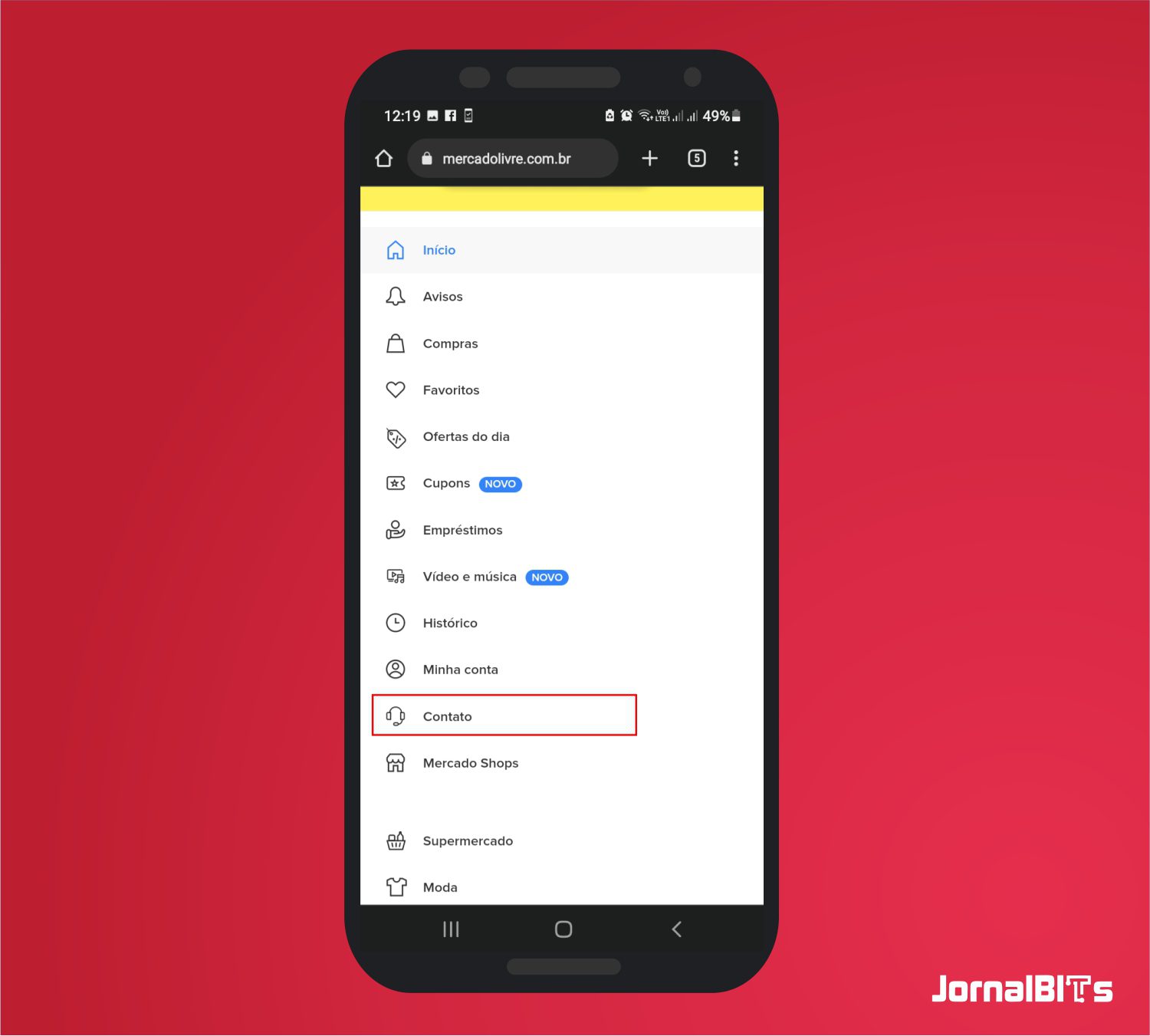Toque em Contato - Como entrar em contato com Mercado Livre