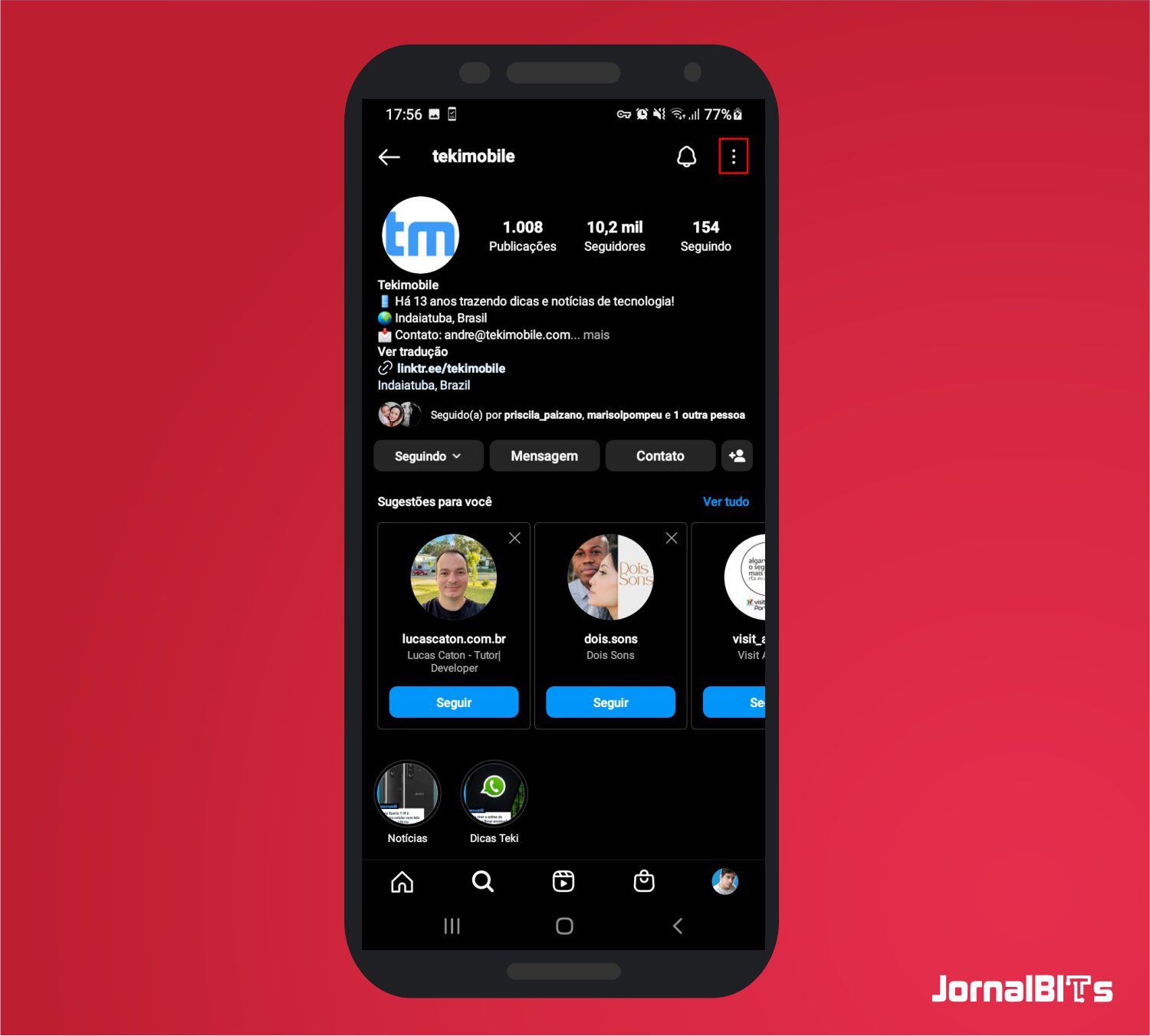 Toque em nos três pontos - Como pegar o link do Instagram - perfil e outros