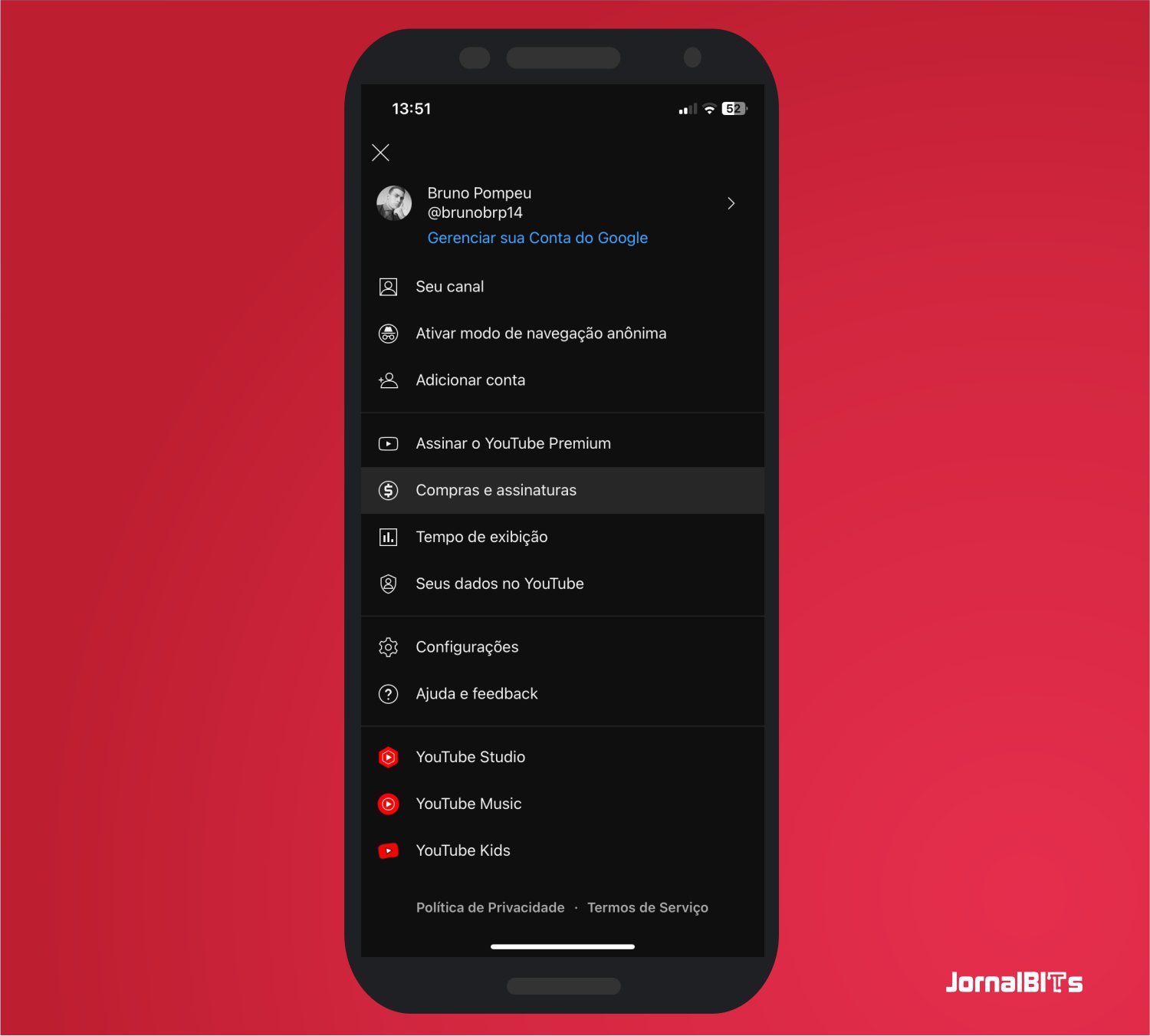 Toque sobre a opção de Compras e assinaturas - Como cancelar assinatura do YouTube Music