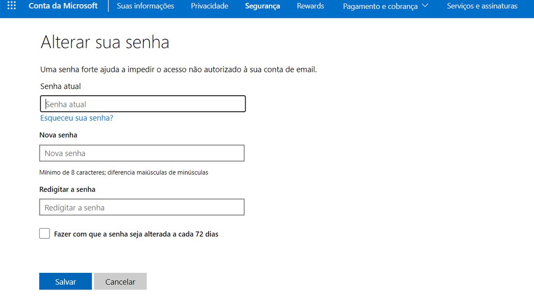 como alterar a senha do hotmail página de alteração