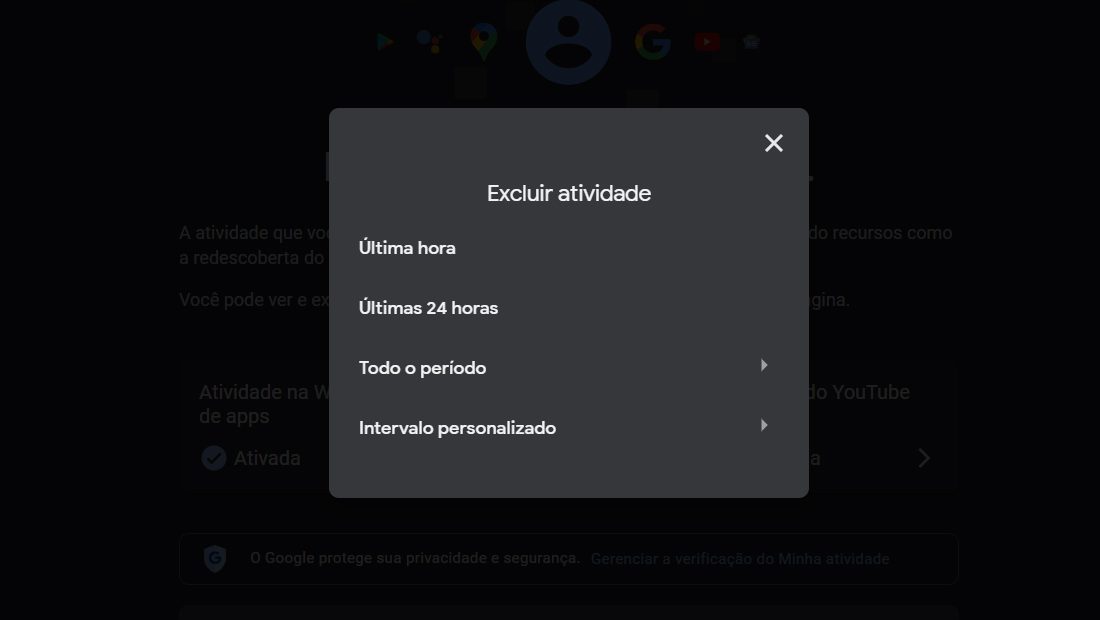 como apagar pesquisas do Google período