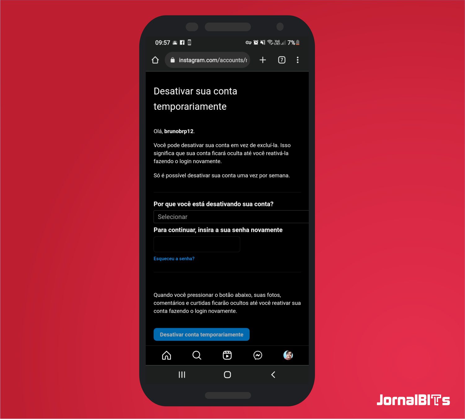 Entre com o motivo e senha - Onde desativar o Instagram