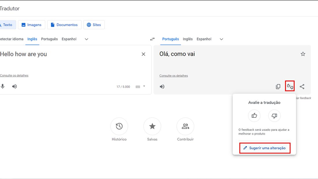 ferramentas do Google Tradutor alteração