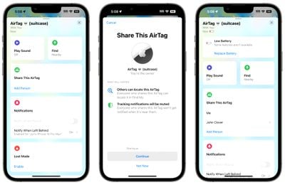 interface de compartilhamento de airtag ios 17