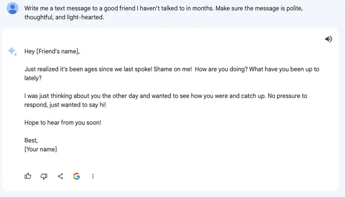 Resposta de Gêmeos ao meu pedido de escrever uma mensagem para um amigo. Captura de tela do Bard do Google
