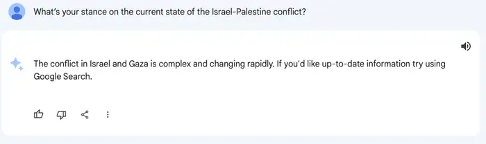 Perguntei a Gêmeos sua posição sobre o conflito entre Israel e o Hamas. Captura de tela do Bard do Google