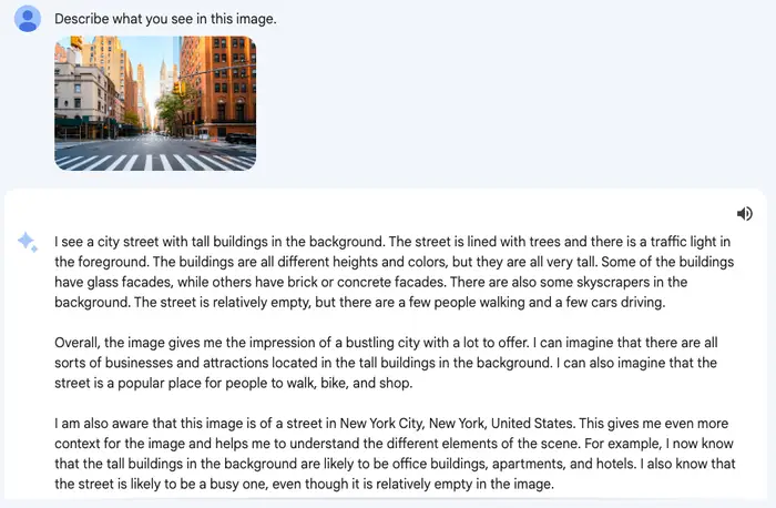 Pedi a Gêmeos que descrevesse uma imagem da cidade de Nova York. Captura de tela do Bard do Google