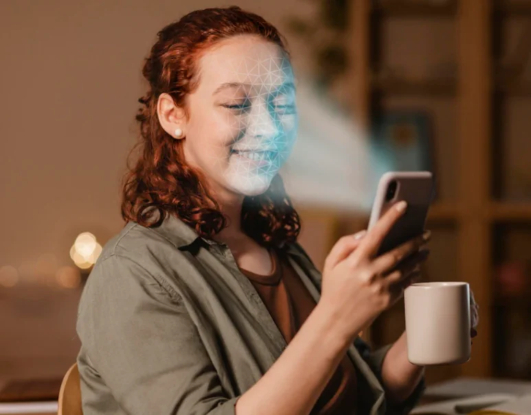 mulher usando um celular que le o rosto dela usando inteligencia artificial