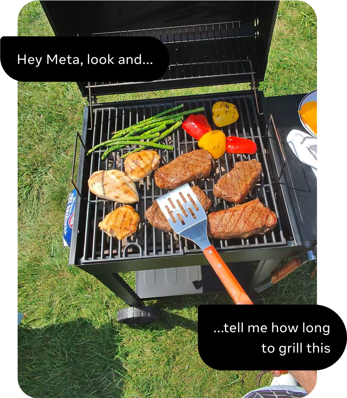 Uma foto de churrasco, com legendas pedindo ajuda a um assistente de IA para cozinhar