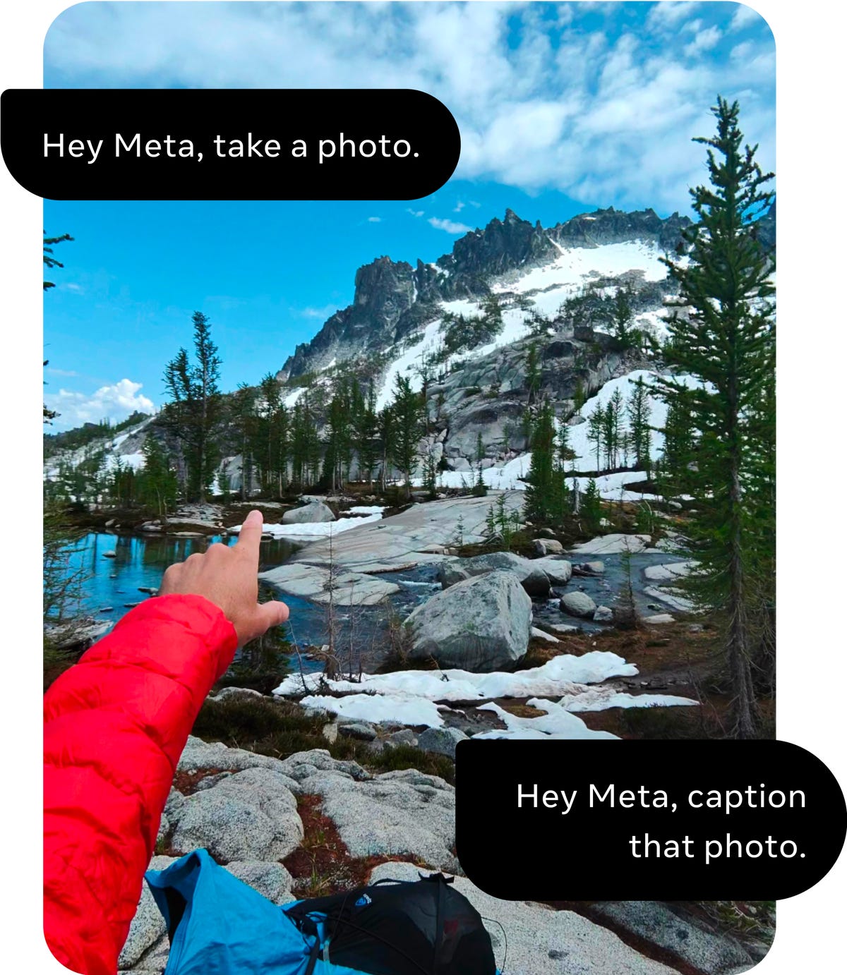 Uma mão apontando para uma montanha, com balões pedindo ajuda de IA para fazer a legenda de uma foto