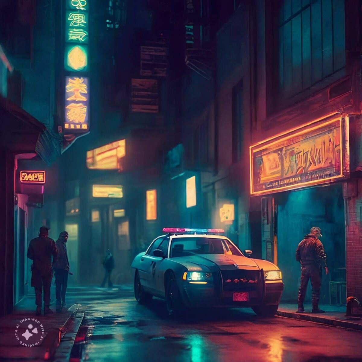 A shady backalley in a cyberpunk setting with neon lights advertisement some people hanging out and a futuristic police car on the street scaled