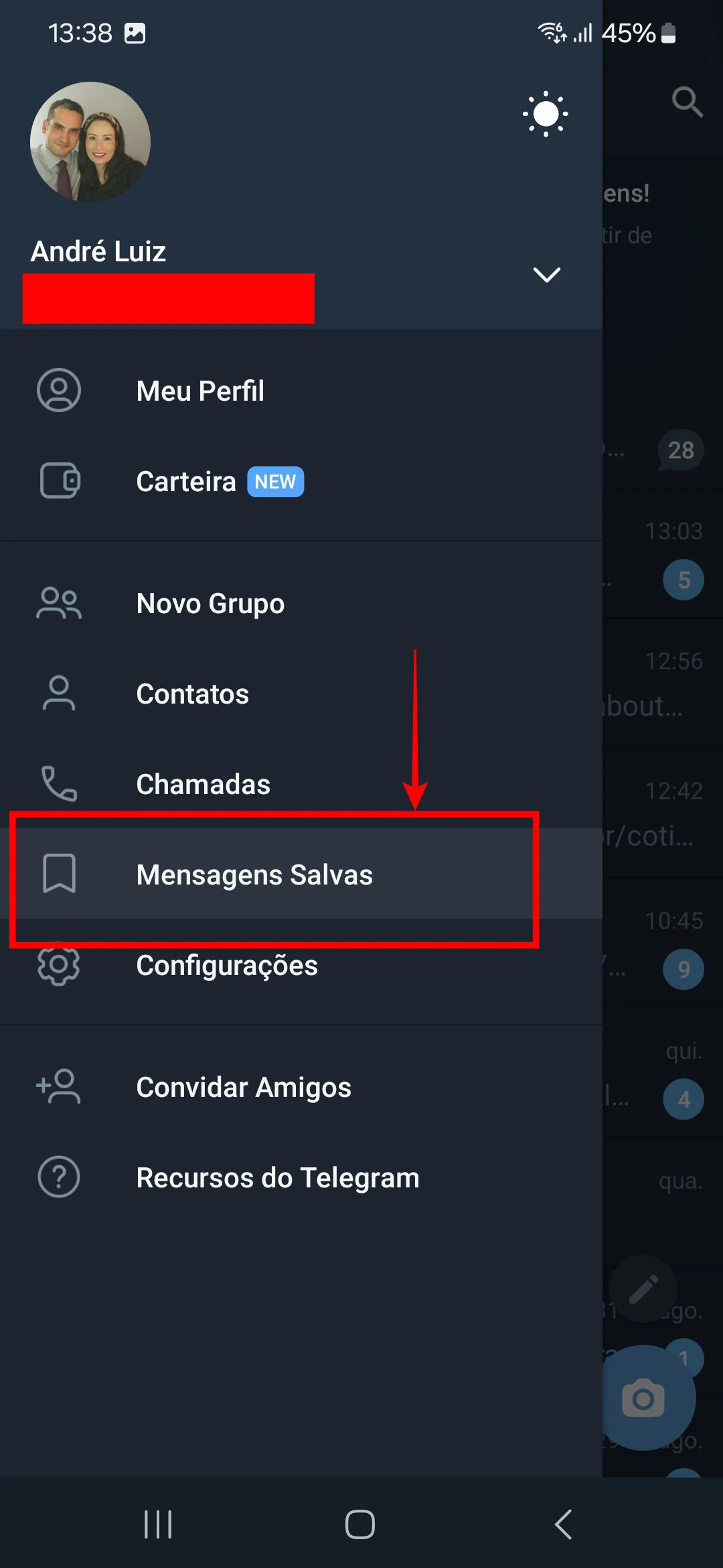 Abra a função mensagens salvas no telegram